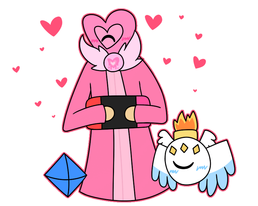 love holding a nintendo switch with angels and ramiel plushies next to her! there's hearts surrounding on top
