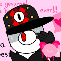 gevurah sweating while being surrounded by a forum. there is a heart bubble for his expression. the text in the background says: jen: we love gevurah!! he is the best sefirot ever!! at-015: he's a awesome leader. the best in his group! jen: so cool!! 💖💖💖 (3 hearts) the alt version is the same but with a screenshot that says: i go by crazy4gevurah. number four, all one word.