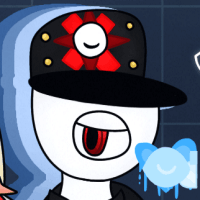 gevurah holding trailblaze (sword) in his left hand. the background is a blue grid with eyes around him