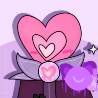 love with a purple-pinkish outfit  with a bit of blue that's represents the themes itself. (crystals and stardust/seafoam) there's space goop below her, with crystals resting on top with a light purple background