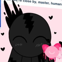 yami with hearts around him!! there are multiple screenshots of him from tomodachi life! the text for both of the images are: we're so connected! i can always tell when you're close by, master, human. and you're the best mortal... those words were made for me.