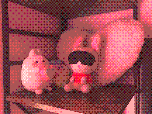 molang, kirby and robo resting on the shelf. there's a heart pillow there too!